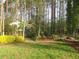 Serene backyard with green lawn, shrubs, mulch and a perimeter of woods at 3537 Layton Ridge Dr, Apex, NC 27539
