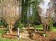 Landscaped backyard garden featuring mulched beds, decorative ornaments, and mature trees at 3537 Layton Ridge Dr, Apex, NC 27539