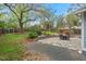 Lovely backyard featuring a stone patio, lush landscaping, and privacy fence at 410 N Hyde Park Ave, Durham, NC 27703
