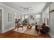 Bright living room featuring hardwood floors, large windows, and stylish furniture at 410 N Hyde Park Ave, Durham, NC 27703