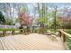 A wooden deck in a backyard surrounded by mature trees, offering privacy and outdoor enjoyment at 5608 Ventura Dr, Durham, NC 27712