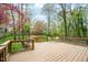 A wooden deck in a backyard surrounded by mature trees, offering privacy and outdoor enjoyment at 5608 Ventura Dr, Durham, NC 27712