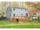 Backyard with wooden deck, stairs, and fenced yard, perfect for outdoor living and entertaining at 5608 Ventura Dr, Durham, NC 27712