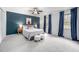 Spacious main bedroom with a blue accent wall, plush carpeting, and natural light at 5608 Ventura Dr, Durham, NC 27712