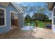 A relaxing back porch offers outdoor seating and a view of the lush green lawn and mature trees at 6 Preakness Dr, Durham, NC 27713
