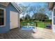 Charming outdoor deck with outdoor seating and a view of the well-maintained backyard at 6 Preakness Dr, Durham, NC 27713