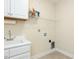 Laundry room with utility sink, white cabinetry, and shelving at 103 Thornwhistle Pl, Garner, NC 27529