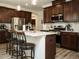 Kitchen island with seating, pendant lights, stainless steel appliances, and dark wood cabinets at 107 Canary Ct, Raleigh, NC 27610