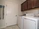 Well-equipped laundry room with modern washer and dryer, overhead cabinets, and convenient door access at 107 Canary Ct, Raleigh, NC 27610