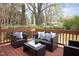 Inviting outdoor deck area furnished with stylish seating and a serene backyard view at 2061 Carriage Way, Chapel Hill, NC 27517