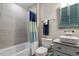 Charming bathroom with a shower/tub combination and vintage-style blue cabinets at 208 S Guthrie Ave, Durham, NC 27703