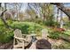 Relaxing backyard space with Adirondack chairs, fire pit, and a charming red bridge amidst lush greenery at 303 N Guthrie Ave, Durham, NC 27703