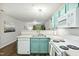 Bright kitchen featuring stainless steel sink, white appliances, blue-green cabinetry and breakfast bar at 3050 Trailwood Pines Ln # 101, Raleigh, NC 27603