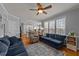 Cozy living room with hardwood floors, blue sofas, and open access to the kitchen at 3424 English Cir, Willow Springs, NC 27592