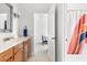 Functional bathroom with vanity, shower and tub combo, and peek into adjacent bedroom at 500 Walnut Hill Dr, Hillsborough, NC 27278