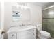 All-white bathroom featuring a marble vanity top and shower with glass door at 516 Edinburgh Dr, Burlington, NC 27215