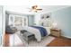 Well-decorated bedroom features hardwood floors, a ceiling fan, a bay window, and a blue color scheme at 516 Edinburgh Dr, Burlington, NC 27215