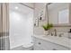 Bathroom with a modern vanity, white subway tile shower and decor at 58 Stoneridge Rd, Durham, NC 27705