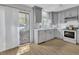 Modern kitchen featuring stainless steel appliances, gray cabinets, and a bright window at 717 E Millbrook Rd, Raleigh, NC 27609