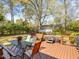 Beautiful backyard with a wooden deck, hot tub, and mature trees at 806 S First St, Smithfield, NC 27577