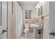 Cozy bathroom featuring a white pedestal sink and pink tiling at 927 Ferncrest Dr, Durham, NC 27705