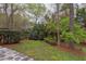 This backyard features a healthy lawn, trees, hedges, and mulch at 1159 Belfair Way, Chapel Hill, NC 27517