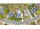 Aerial view highlighting backyard oasis with an above ground pool and a well-manicured lawn at 124 Holly Ridge Ln, Mebane, NC 27302