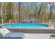 Private backyard pool oasis with an above ground pool and a storage shed at 124 Holly Ridge Ln, Mebane, NC 27302
