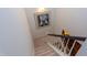 Carpeted staircase with white railing and a floral painting hanging on the wall at 125 Long Shadow Pl, Durham, NC 27713