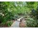 Serene garden path with a charming stone bridge, surrounded by lush greenery and creating a tranquil outdoor experience at 2105 White Oak Rd, Raleigh, NC 27608