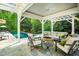 Relaxing outdoor living space featuring a stone fireplace, comfortable seating, and a view of the pool amidst lush greenery at 2105 White Oak Rd, Raleigh, NC 27608