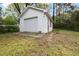 A single-car detached garage with a white door and siding, nestled in a green backyard at 2106 Ruffin St, Durham, NC 27704