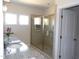 Bathroom featuring a glass shower enclosure and granite countertop vanity at 2915 Cox Mill Rd, Sanford, NC 27332