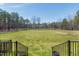 Gated backyard with trees in the background, a grass lawn, and railings in the foreground at 6480 Beaver Creek Rd, New Hill, NC 27562