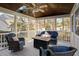 Inviting screened porch featuring skylight, fan, comfortable seating, and a relaxing fire pit table at 9320 Teton Pines Way, Raleigh, NC 27617