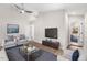 This living room has neutral walls, hardwood floors, and contemporary furnishings in an open concept at 1306 Ed Cook Rd, Durham, NC 27703