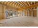 Unfinished living area features sliding doors to the back, exposed studs, and beam, showing the potential for custom design at 2605 Hazelwood Dr, Raleigh, NC 27608