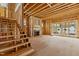 Unfinished living area shows the frame of a fireplace, stairs to a 2nd story, and sliding doors to the back, ready for customization at 2605 Hazelwood Dr, Raleigh, NC 27608