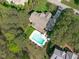 Bird's eye view of the home and pool, showcasing the property's layout and landscaping at 2909 Timpani Trl, Apex, NC 27539