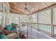 Inviting screened porch with wood floors, a ceiling fan, and comfortable seating overlooking the pool and backyard at 2909 Timpani Trl, Apex, NC 27539