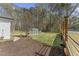 Backyard with shed and landscaping next to pool deck at 2949 Tram Rd, Fuquay Varina, NC 27526