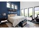 Bright bedroom with blue accent wall, multiple windows, and modern decor at 915 S State St, Raleigh, NC 27601