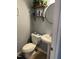 Cozy powder room with a pedestal sink, decorated with art, shelving and greenery at 10 Sapphire Dr, Sanford, NC 27332