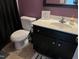 Renovated bathroom featuring a modern vanity, a toilet, and a purple wall at 10 Sapphire Dr, Sanford, NC 27332
