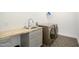 Laundry room with butcher block countertop, grey cabinets, stylish tile floor, and modern washer and dryer units at 1200 Roosevelt Dr, Chapel Hill, NC 27514