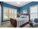 Comfortable bedroom with blue walls, plantation shutters, and a cozy bed with patterned bedding at 1525 Marshall Farm St, Wake Forest, NC 27587