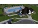 Aerial view of a community pool with lounge chairs, umbrellas, and a nearby clubhouse at 3836 Lebrun Path # 140 Lassen Cr, Fuquay Varina, NC 27526