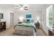 A neatly decorated bedroom featuring soft carpet, a ceiling fan, and comfortable bedding at 53 Azul Dr, Clayton, NC 27520