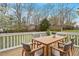 Outdoor wooden deck with a dining table and seating, offering a pleasant space for outdoor dining and relaxing at 5604 Stardust Dr, Durham, NC 27712