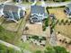 Aerial view of a large, fenced backyard with an outdoor kitchen, playground, and trampoline at 853 Rambling Oaks Ln, Holly Springs, NC 27540